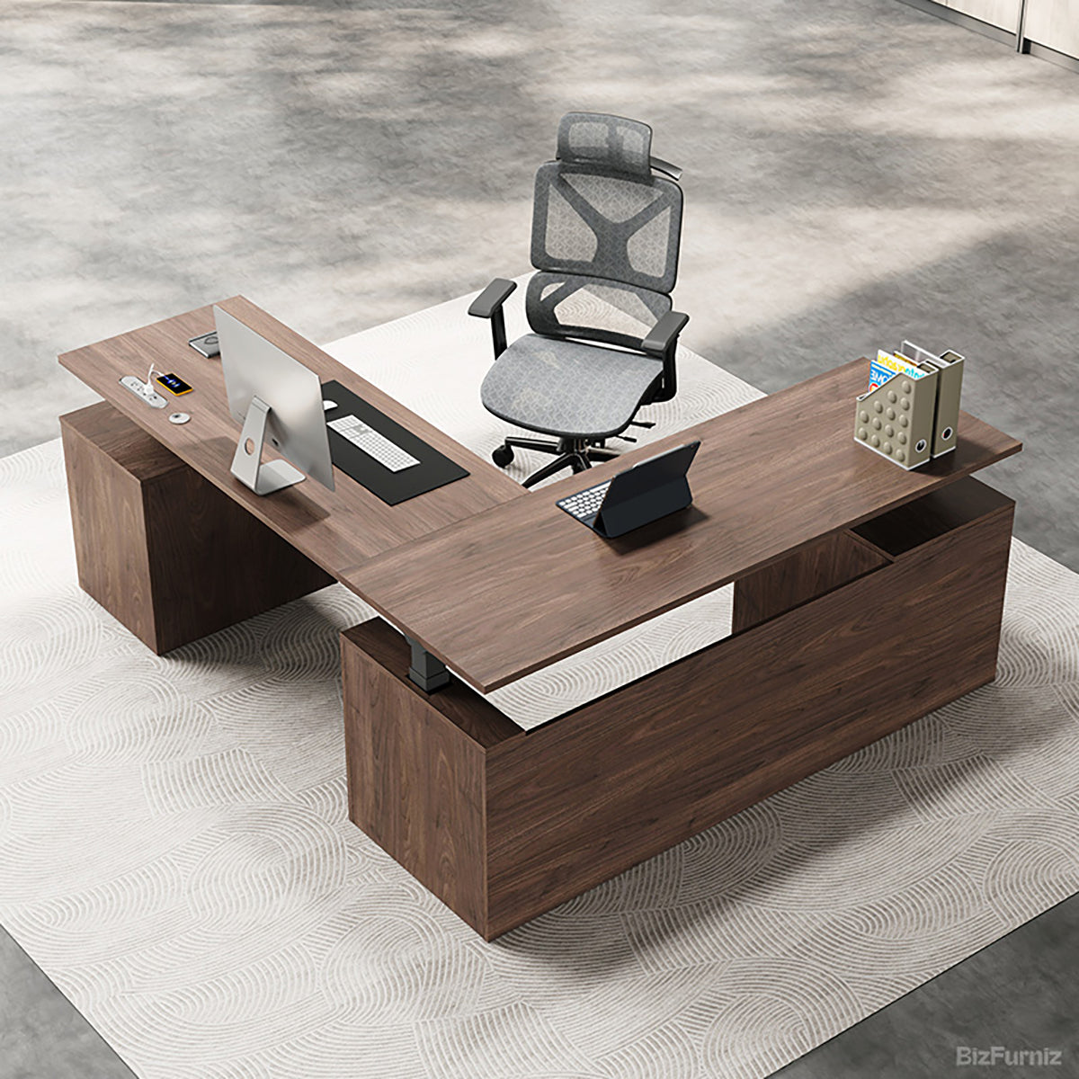 Executive L-Shaped Standing Office Desk with Dual Integrated Mobile File Cabinets, Expansive Sit-Stand Corner product view 2