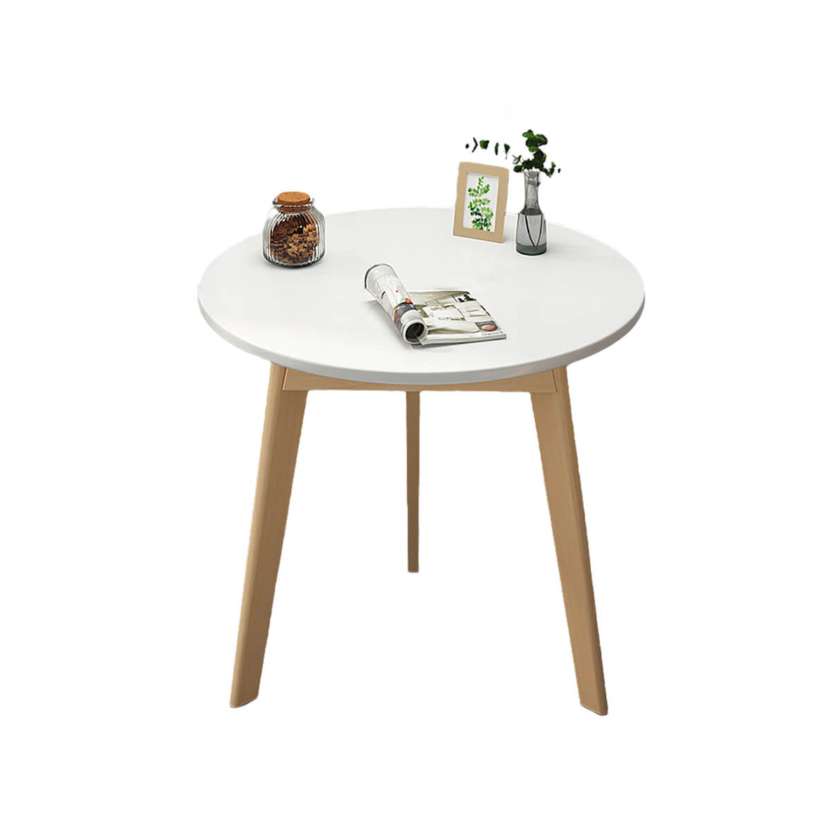 Round coffee table in white color option with solid wood frame