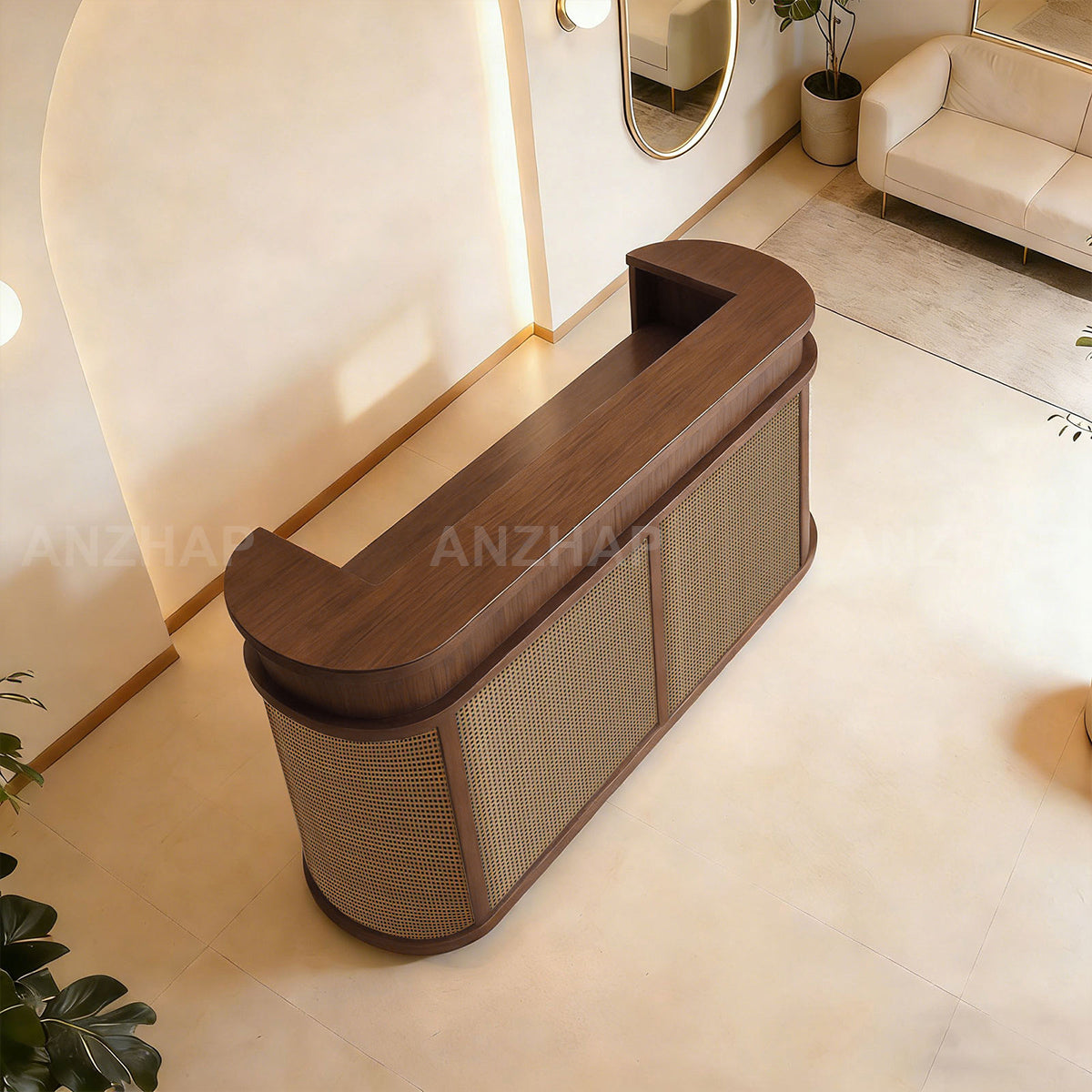 Curved Rattan Reception Desk 47–118 in Wide