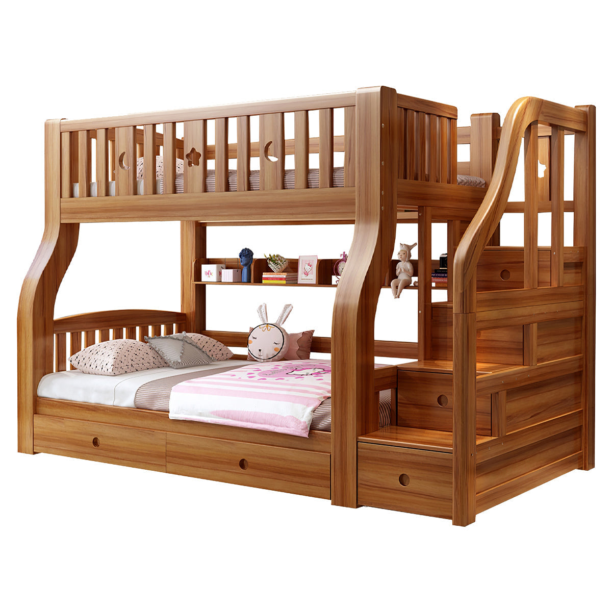 Walnut Kids' Double-Decker Bunk Bed With Storage Drawers