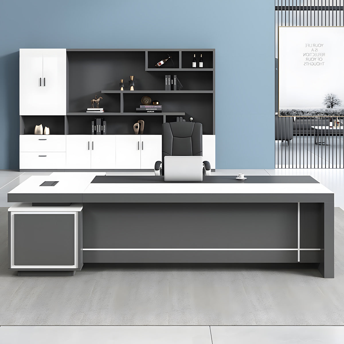 Two-Tone L-Shaped Executive Desk 71–118 in Wide