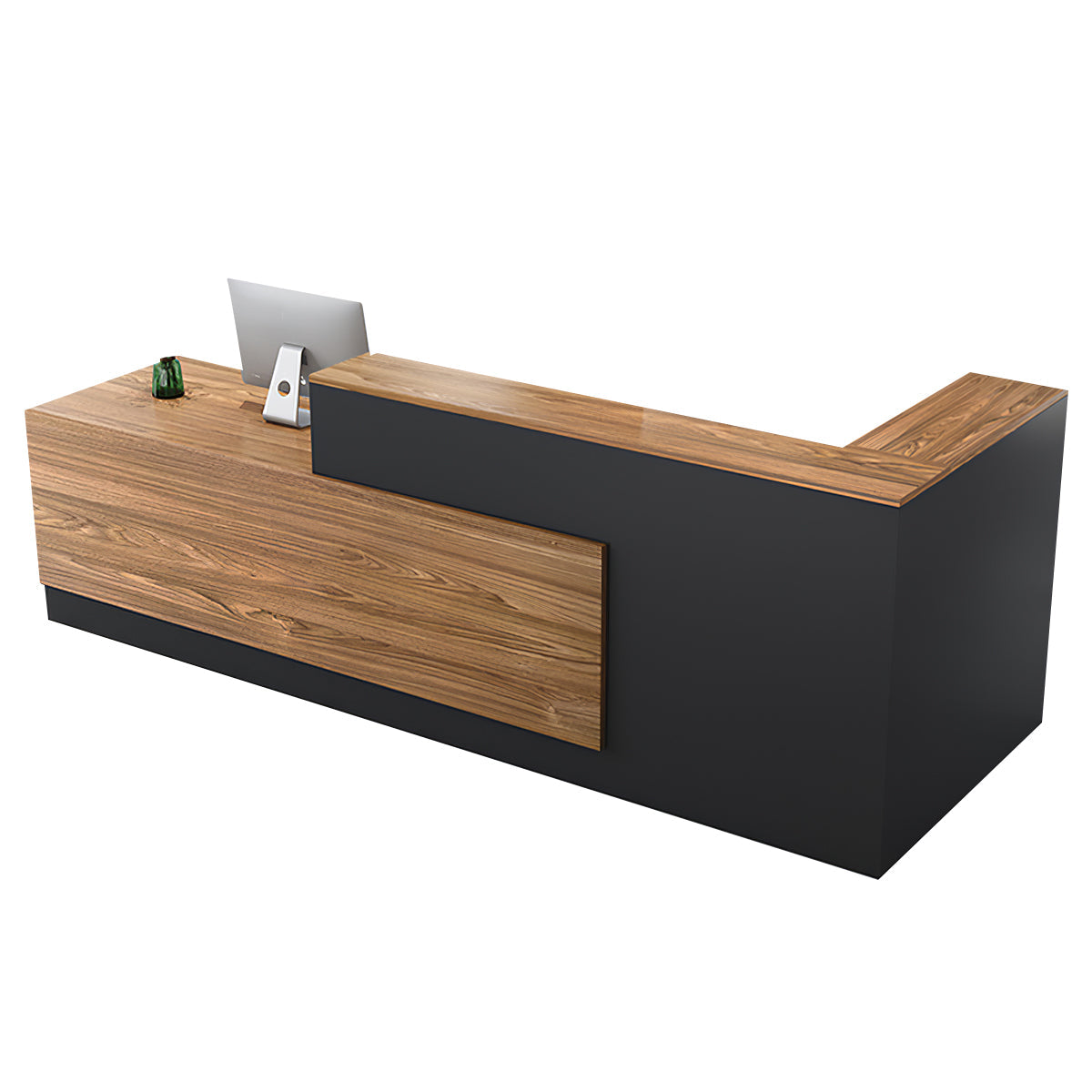 Reception Desk, Oak + Gray Higher Left Side, Oak + Gray finish, L63" x W39" x H41", for reception area or front office, commercial reception furniture