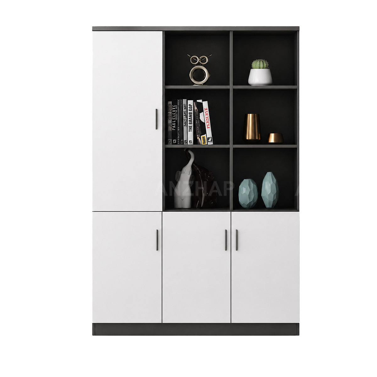 Anzhap office storage cabinet with open compartments, drawer and cabinet detail