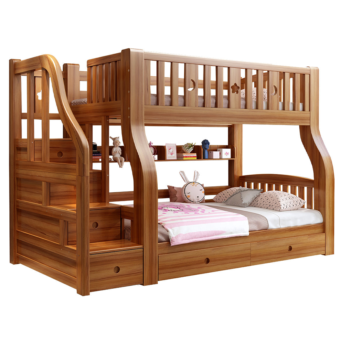 Walnut Kids' Double-Decker Bunk Bed With Storage Drawers