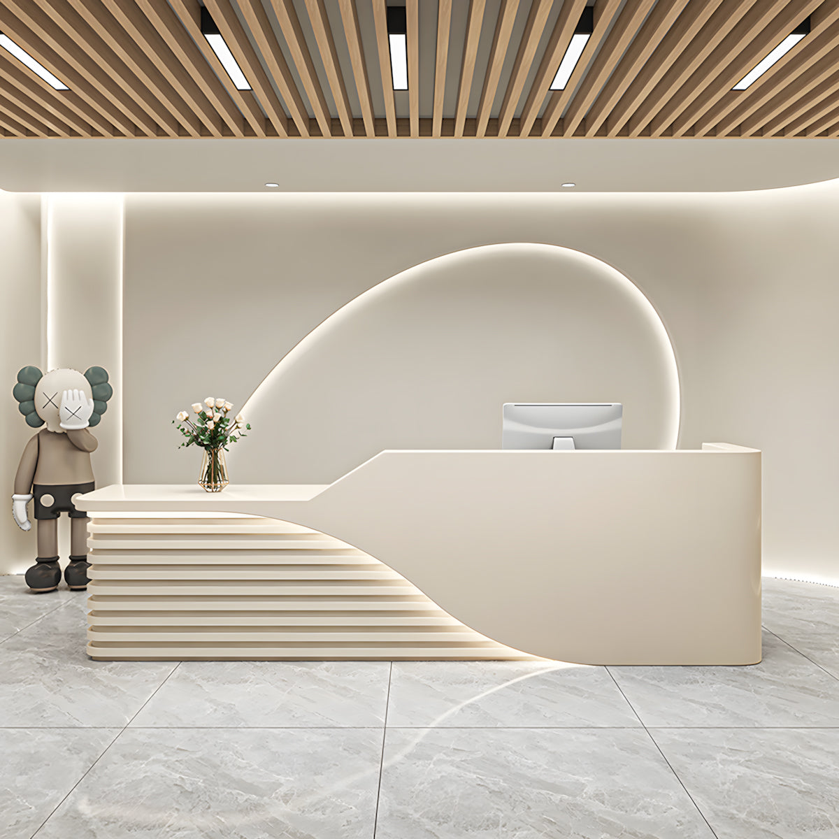 Modern Salon Reception Desk with Wood Grain Lattice Slat