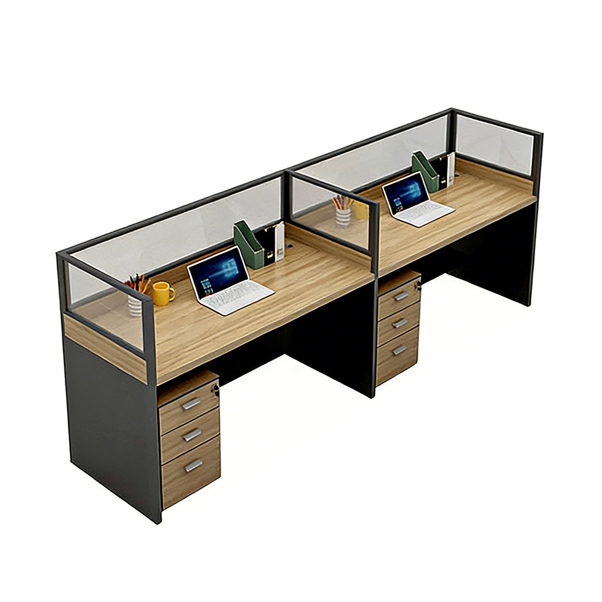 Office Desk, E-Shaped 2-Person Workstation With Cabinet, L94" x W24" x H43", for executive office workspace, modern executive office furniture