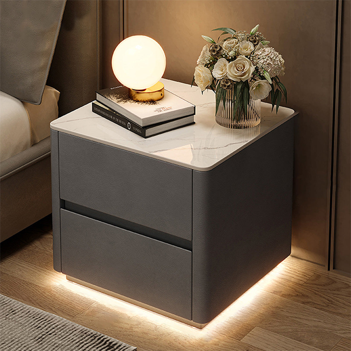 Modern nightstand in dark gray color option with sintered stone tabletop