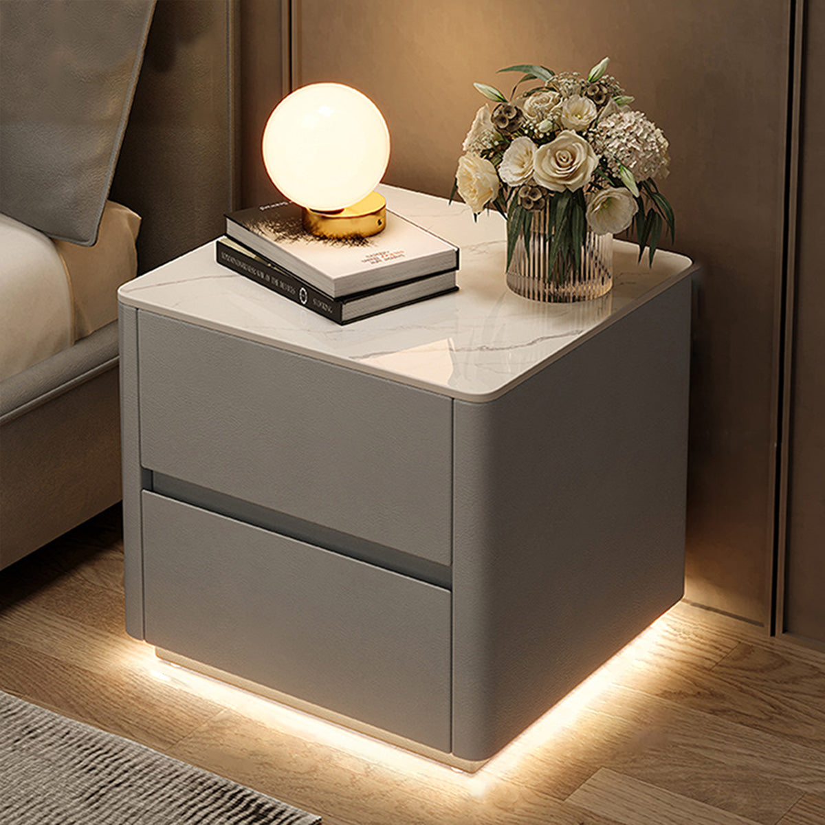 Modern nightstand in light gray color option with sintered stone tabletop
