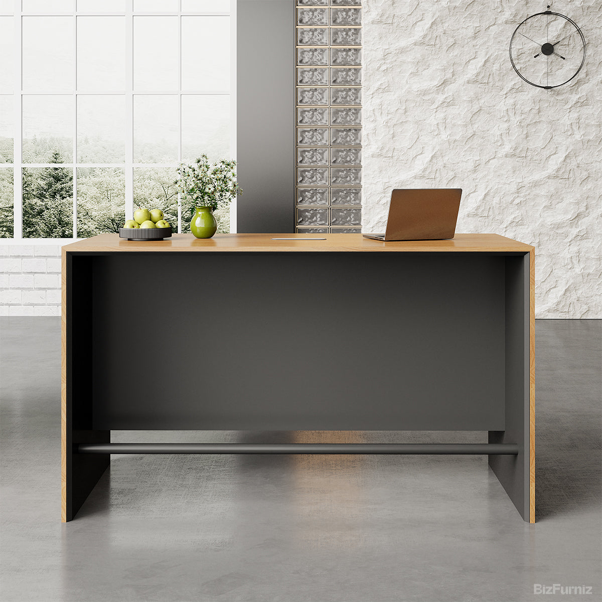 71" L Contemporary Reception Desk with Wood, Oval Power Hub and Professional Lobby for modern office workspace