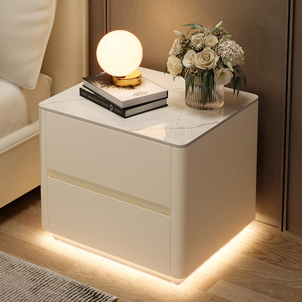 Modern nightstand in beige color option with sintered stone tabletop