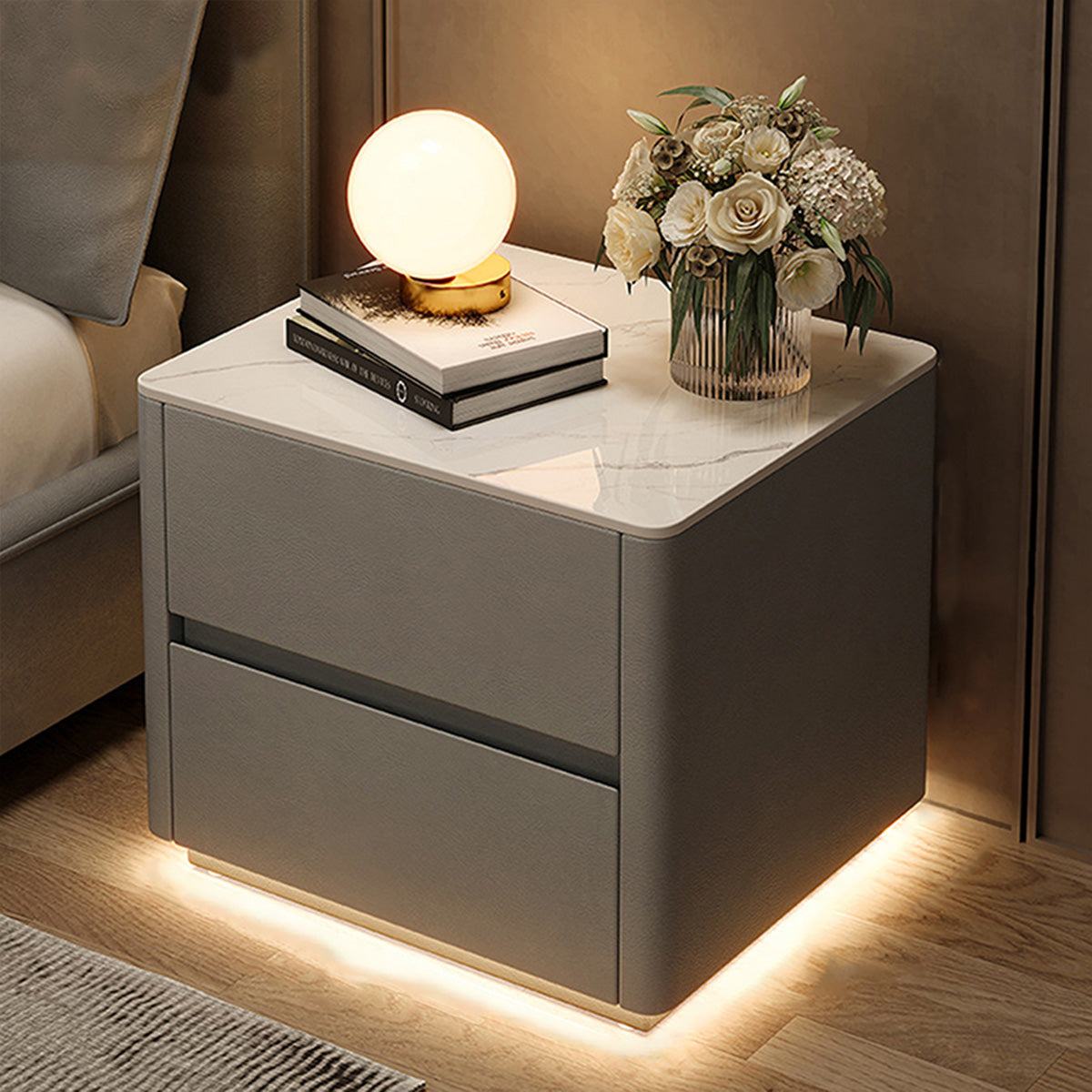 Modern nightstand in light gray color option with sintered stone tabletop