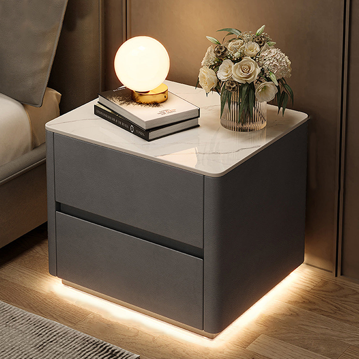 Modern nightstand in dark gray color option with sintered stone tabletop
