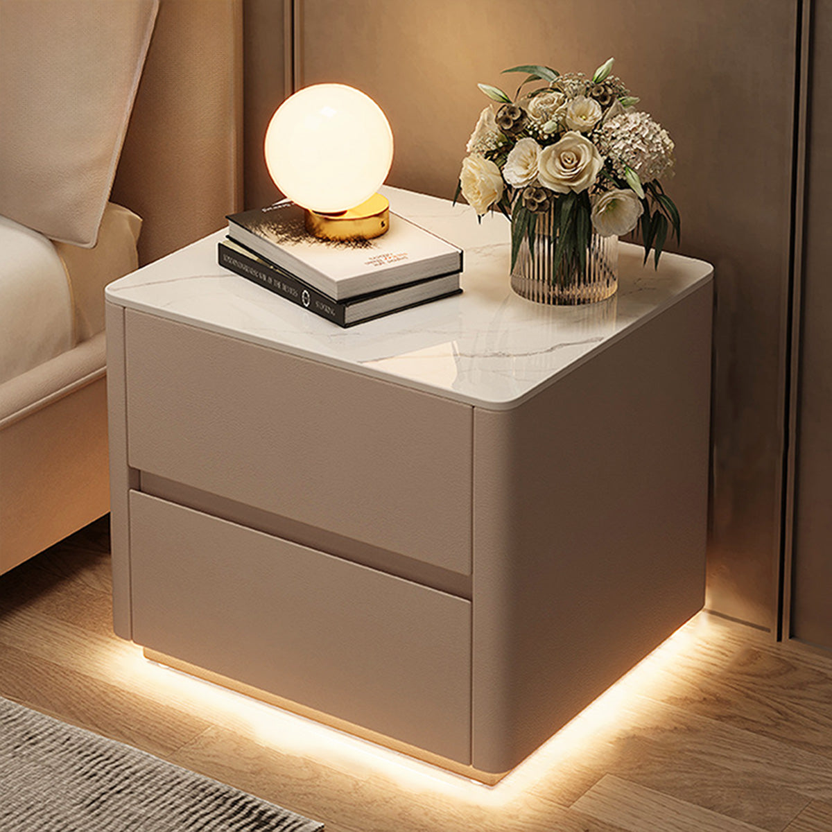 Minimalist Luxury Square Nightstand with Sensor Light Design