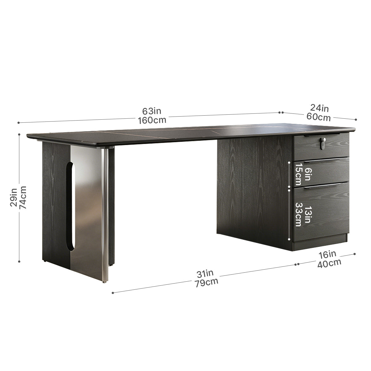 63" Sintered Stone Office Desk with Reversible Pedestal and Lockable Drawer product view 5