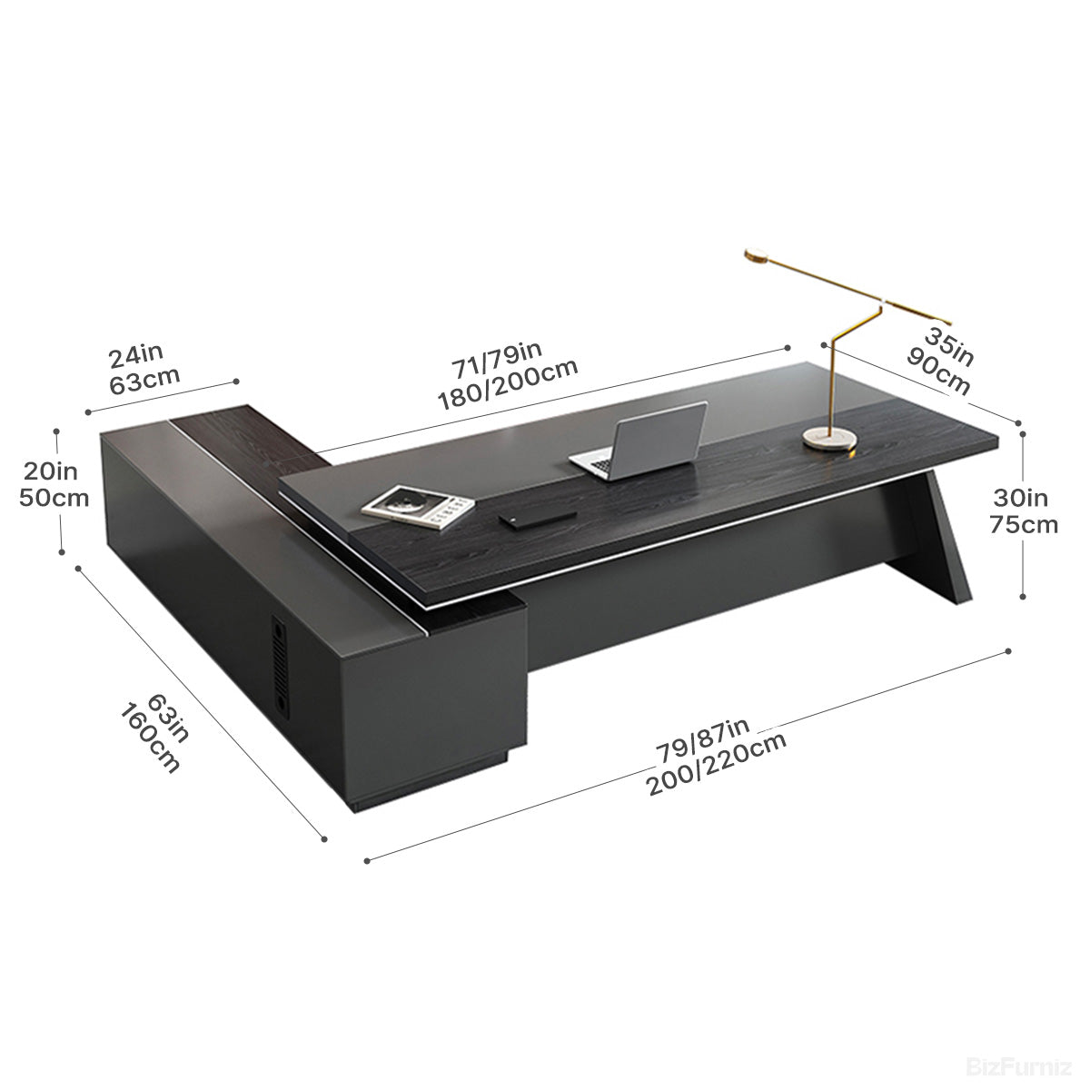 L-shaped Executive Desk with Cable Management and Side Cabinet product view 5