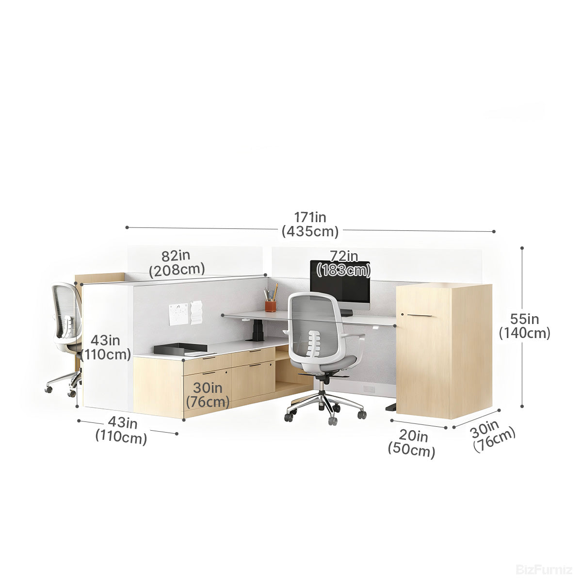 171" Sit Stand Desk, L-shaped Office Workstation for Two with Partition Boards and Storage Cabinet product view 10