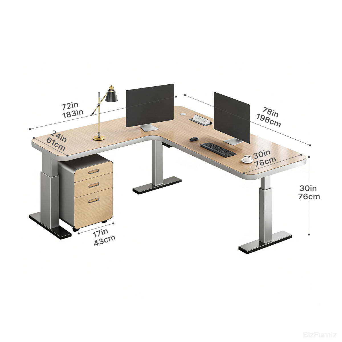 78" L-shaped Sit-Stand Office Desk with Built-in Power Hub and Under-desk Cabinet product view 4
