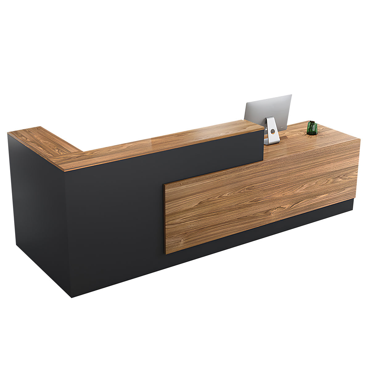 Reception Desk, Oak + Gray Higher Right Side, Oak + Gray finish, L63" x W39" x H41", for reception area or front office, commercial reception furniture