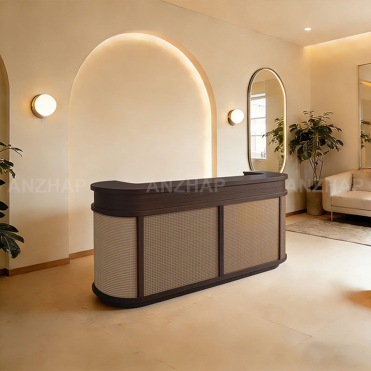 Curved Rattan Reception Desk 47–118 in Wide