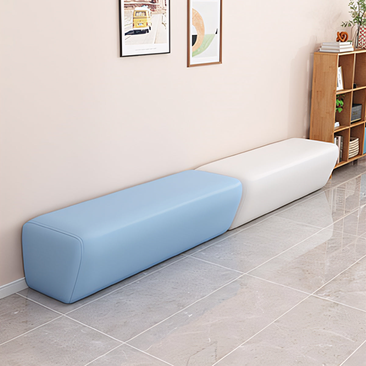 Sofa, angled product view, Creative Patchwork Design Long Leather Sofa finish, for lounge or waiting area, modern commercial office furniture