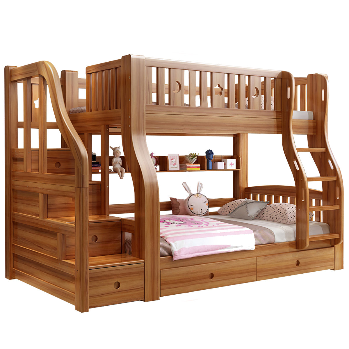 Walnut Kids' Double-Decker Bunk Bed With Storage Drawers