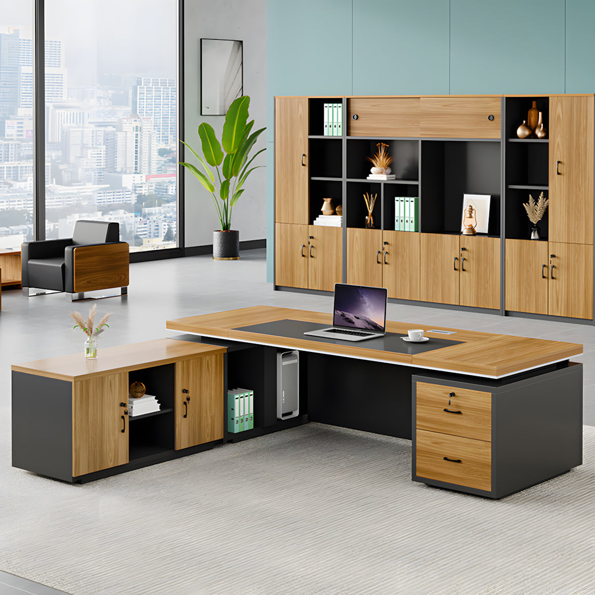 Walnut L-Shaped Executive Desk 71–94 in Wide