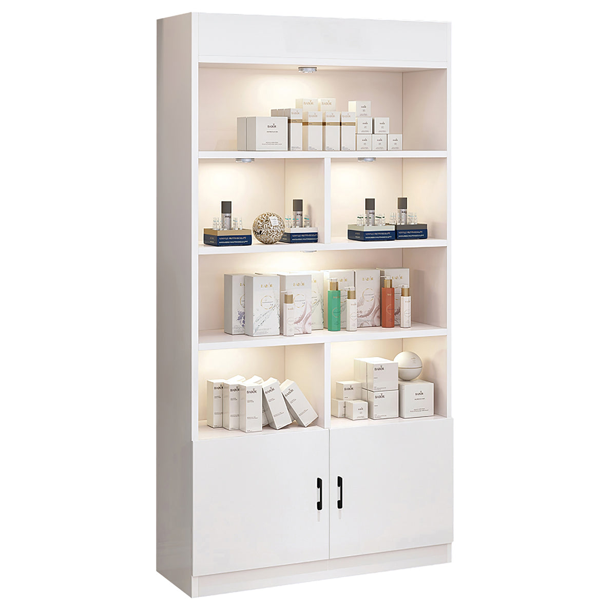 Salon Display Cabinet, Style C, Modern White Beauty Salon Display Cabinet With LED Lights finish, L31" x W9" x H79", for office storage space, office...
