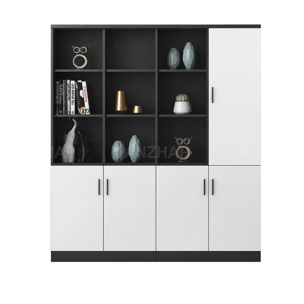Anzhap office storage cabinet with open compartments, close-up detail