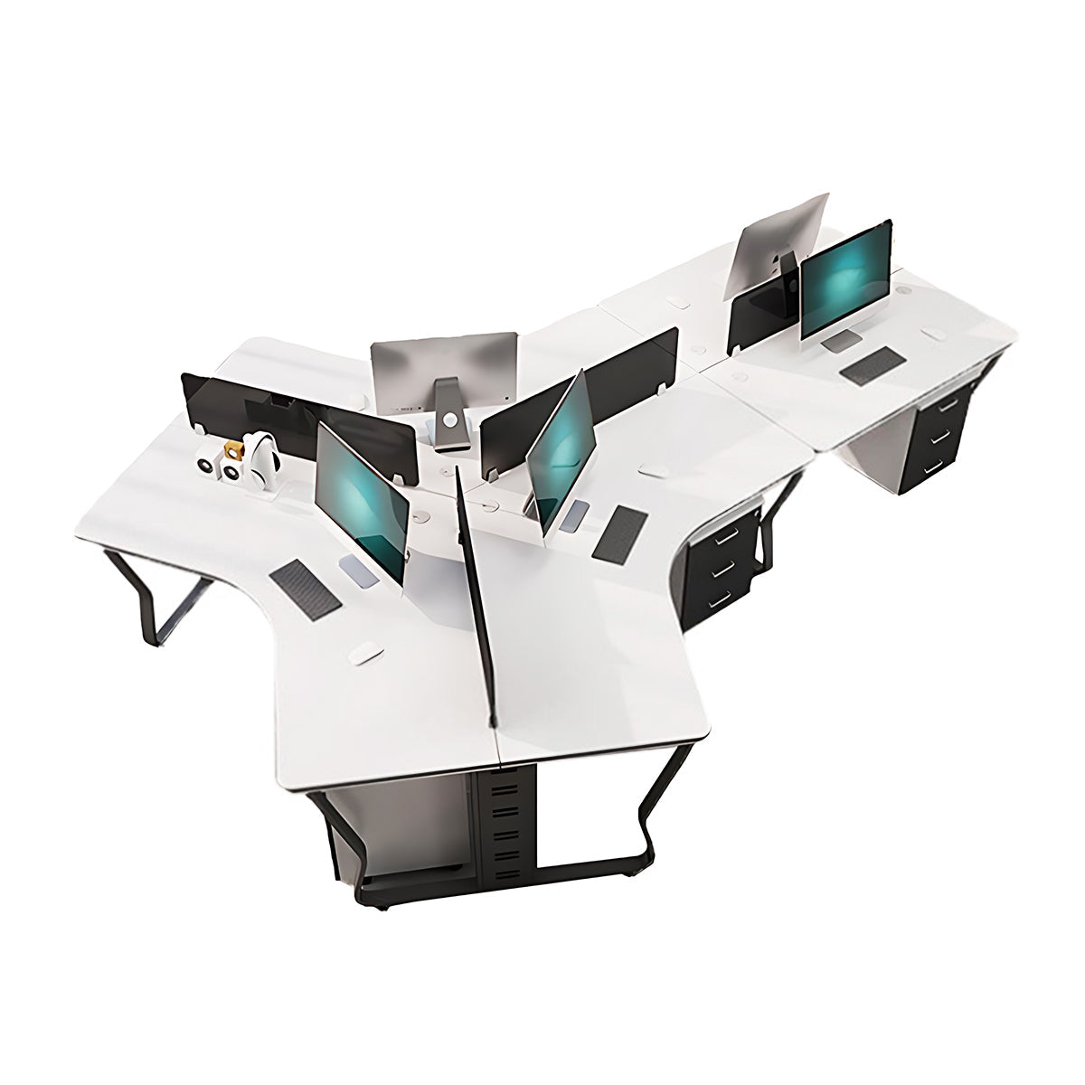 Office Workstation, Black + White + Black Legs 5-Seats + Cabinet, Black + White + Black Legs finish, L123" x W87" x H30", for office workspace,...