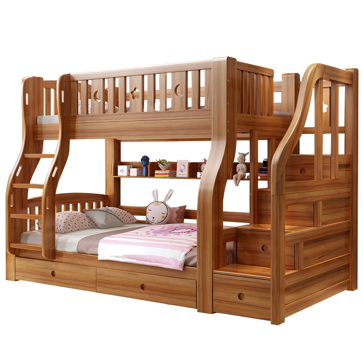 Walnut Kids' Double-Decker Bunk Bed With Storage Drawers