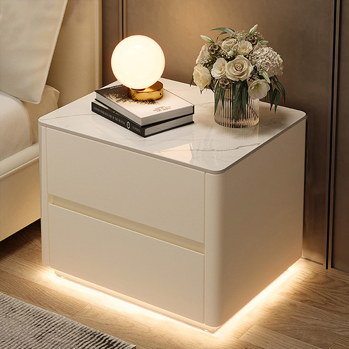 Modern nightstand in beige color option with sintered stone tabletop