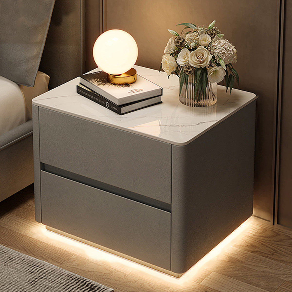 Modern nightstand in light gray color option with sintered stone tabletop