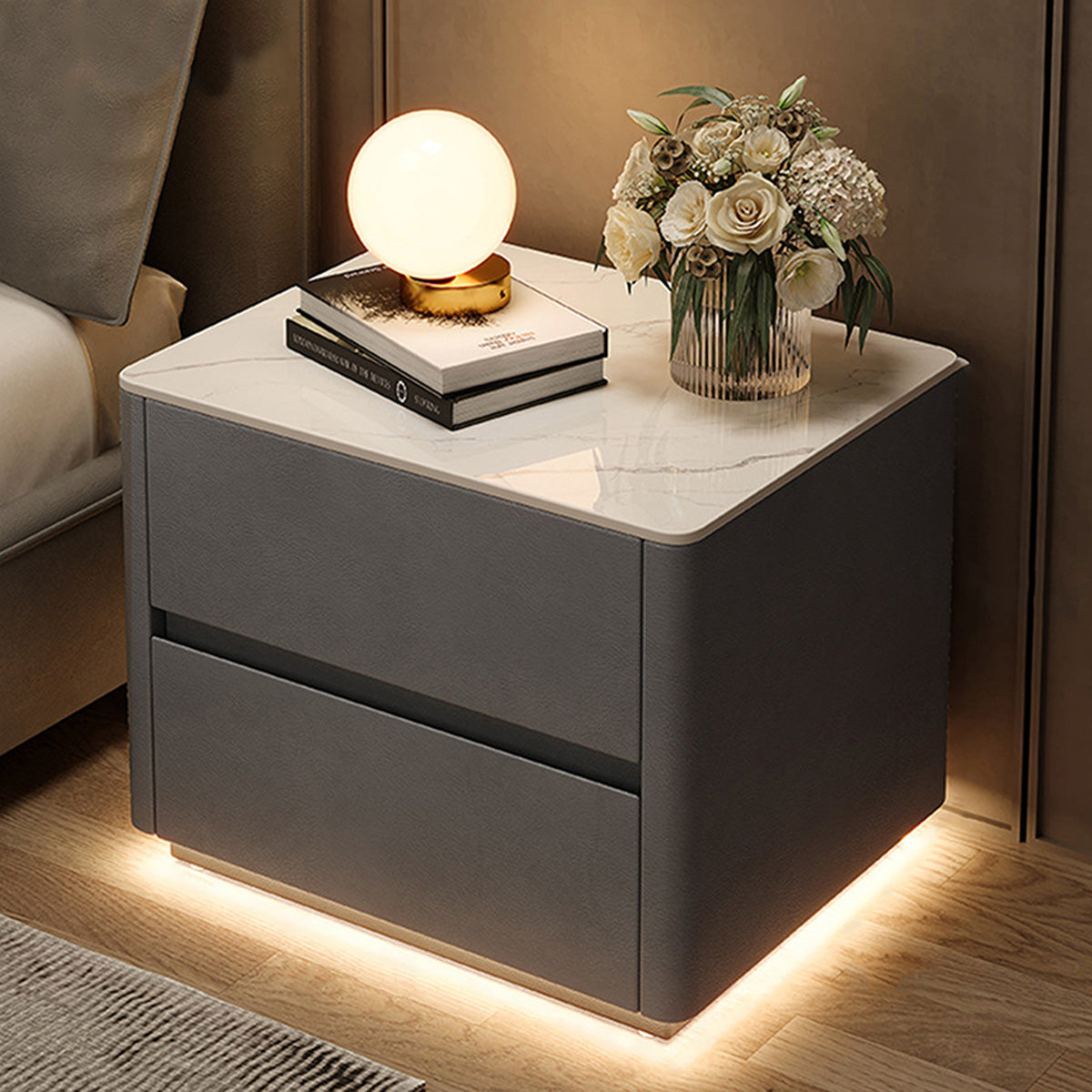 Modern nightstand in dark gray color option with sintered stone tabletop