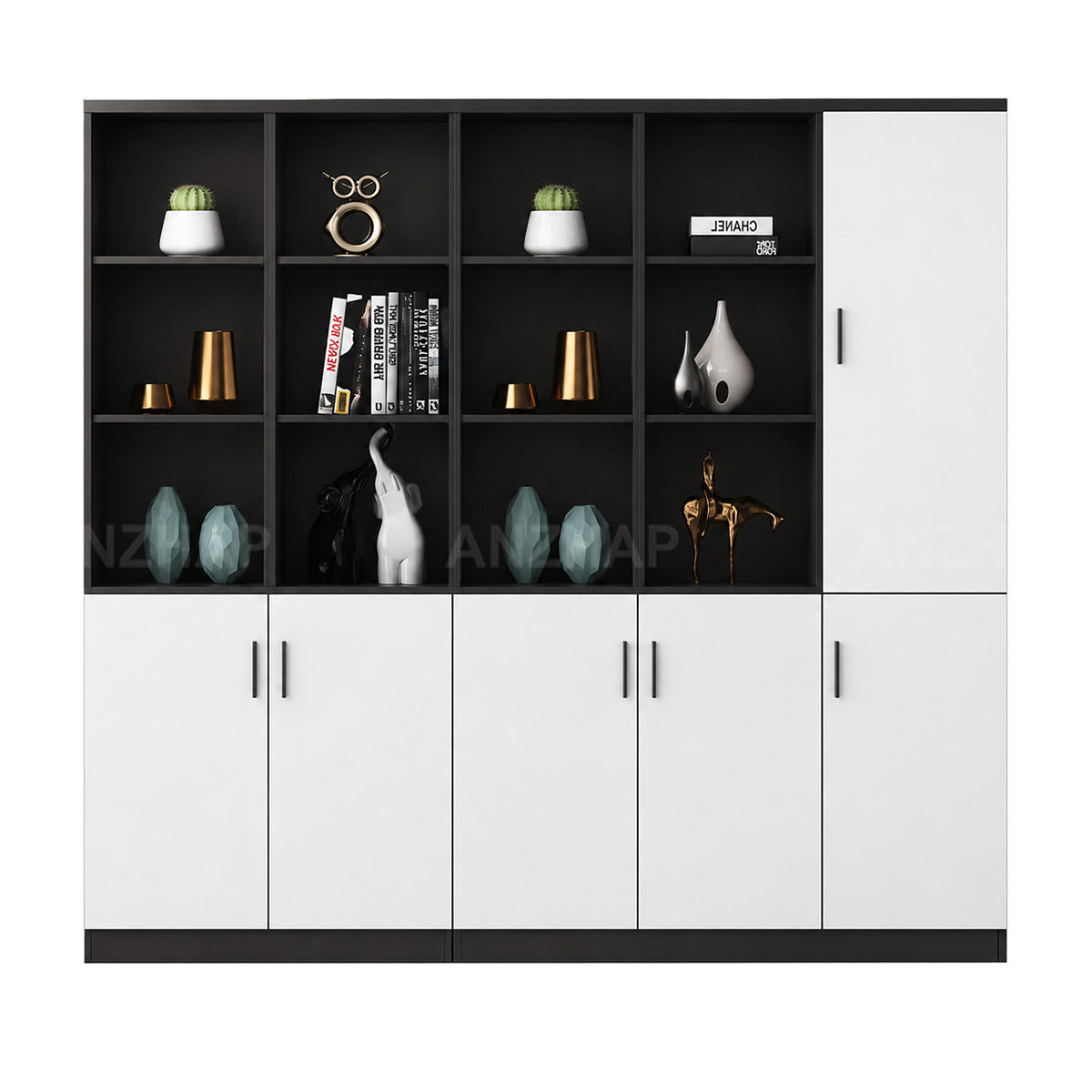 Anzhap office storage cabinet with open compartments, material and finish detail