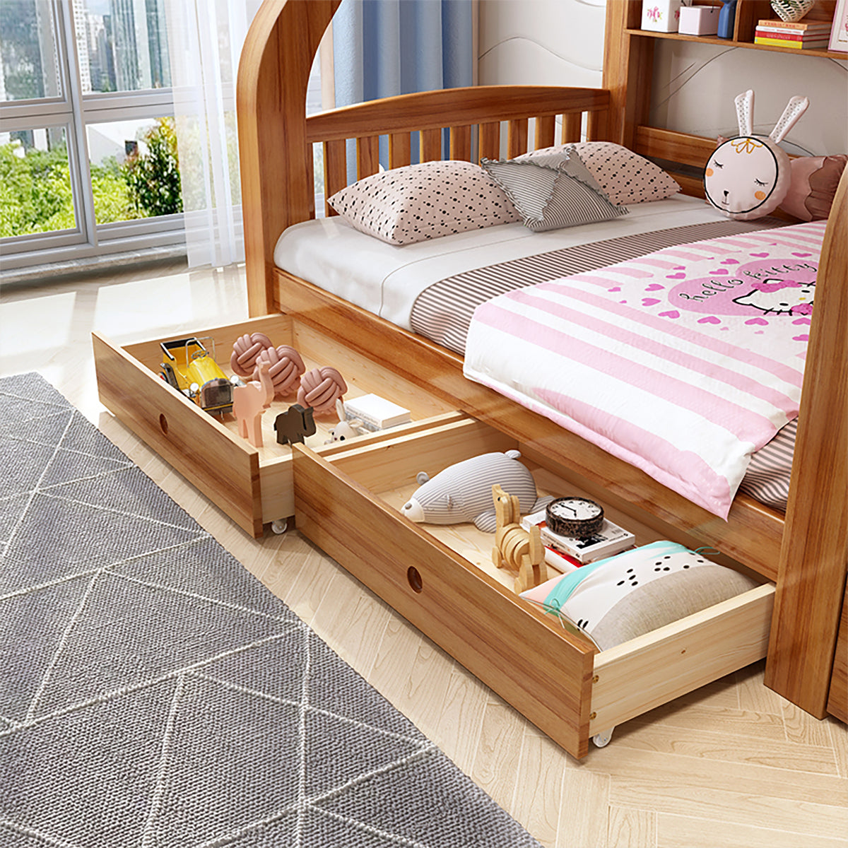Walnut Kids' Double-Decker Bunk Bed With Storage Drawers