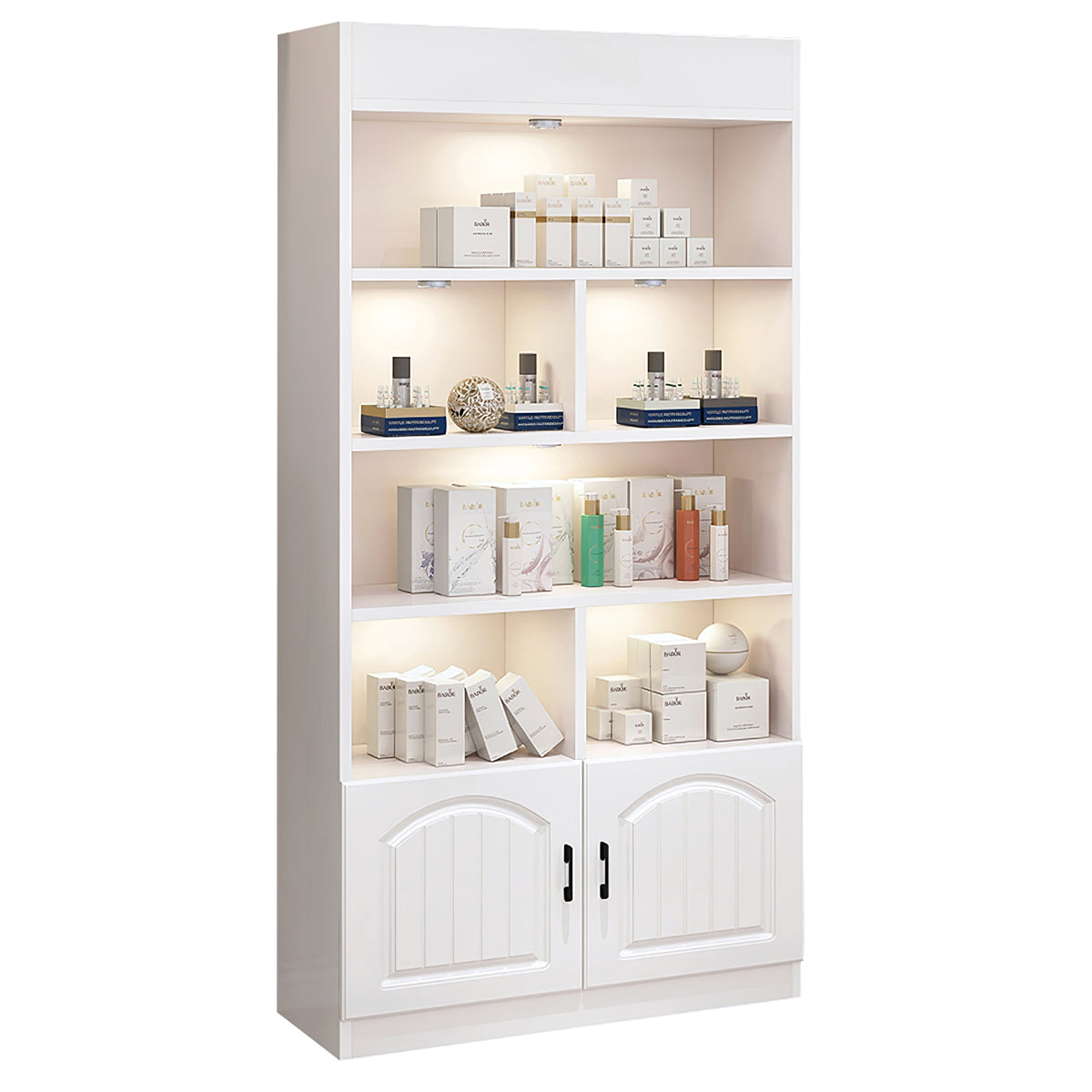 Salon Display Cabinet, Style D, Modern White Beauty Salon Display Cabinet With LED Lights finish, L31" x W9" x H79", for office storage space, office...