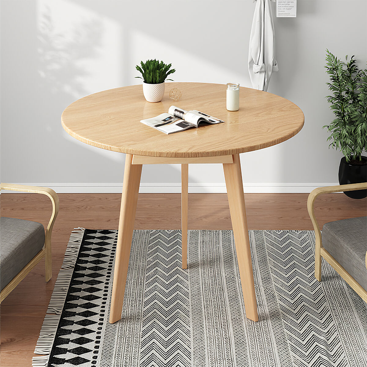 Round coffee table storage detail view with solid hardwood frame