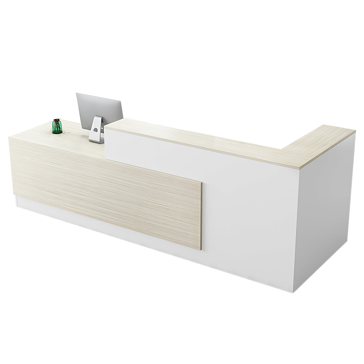 Reception Desk, Maple + White Higher Left Side, Maple + White finish, L63" x W39" x H41", for reception area or front office, commercial reception...