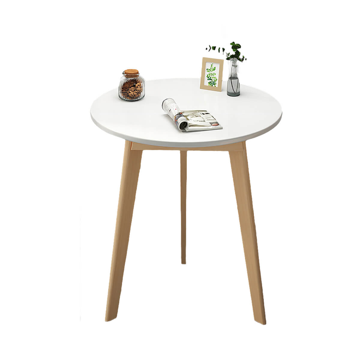 Round coffee table in white color option with solid wood frame