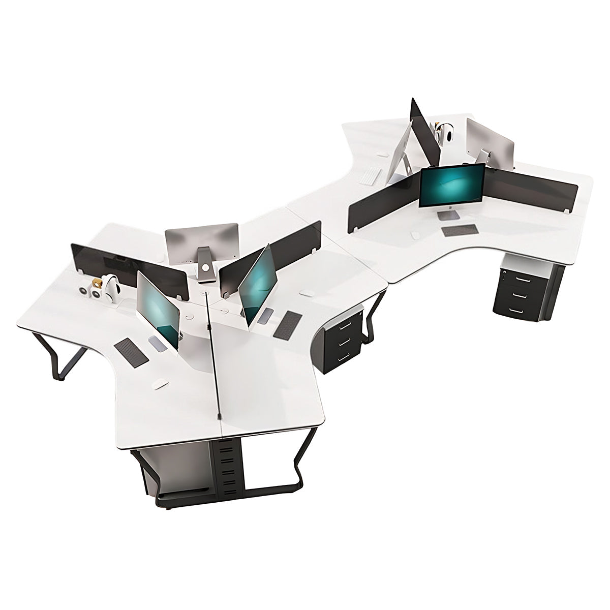 Office Workstation, Black + White + Black Legs 6-Seats + Cabinet, Black + White + Black Legs finish, L151" x W87" x H30", for office workspace,...