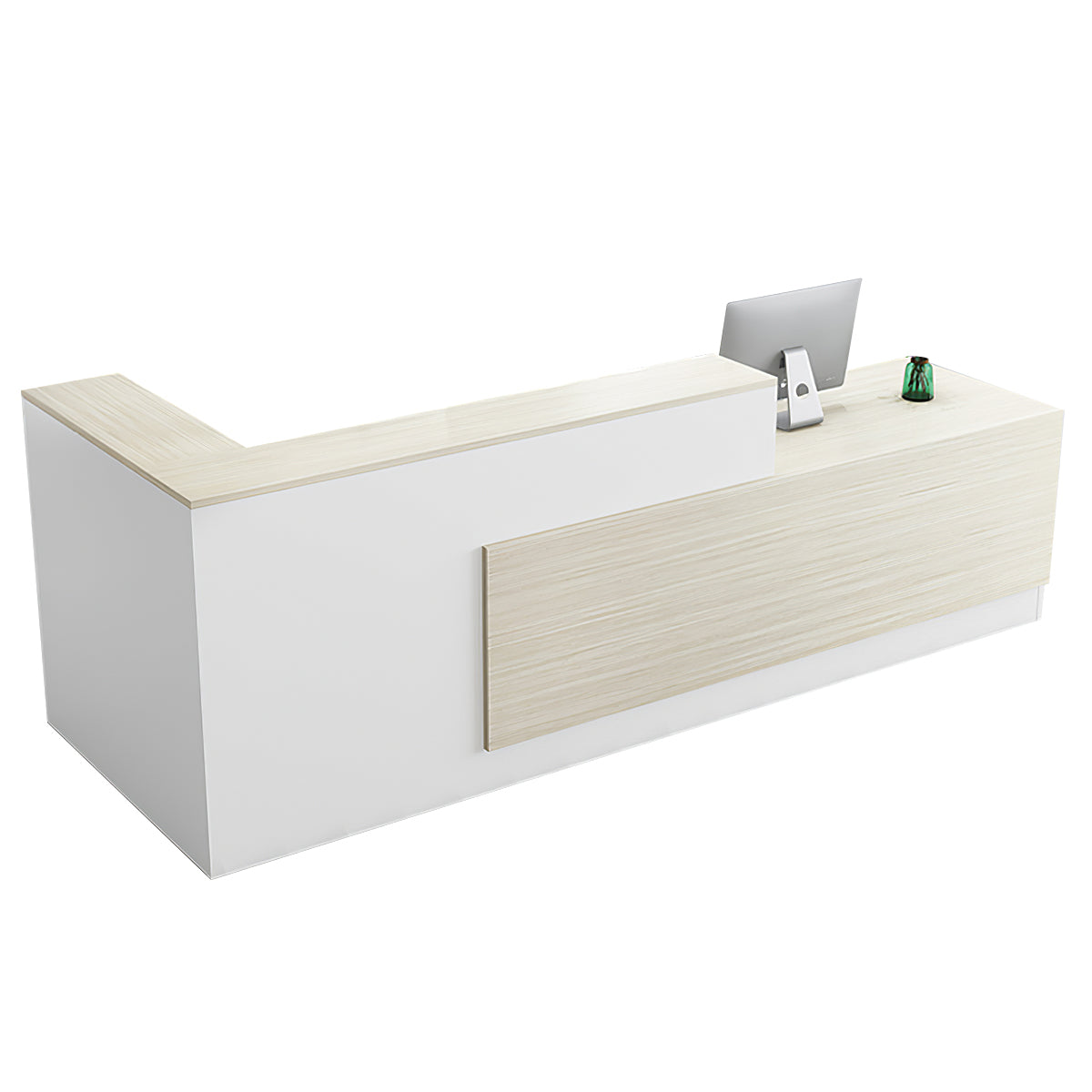 Reception Desk, Maple + White Higher Right Side, Maple + White finish, L63" x W39" x H41", for reception area or front office, commercial reception...