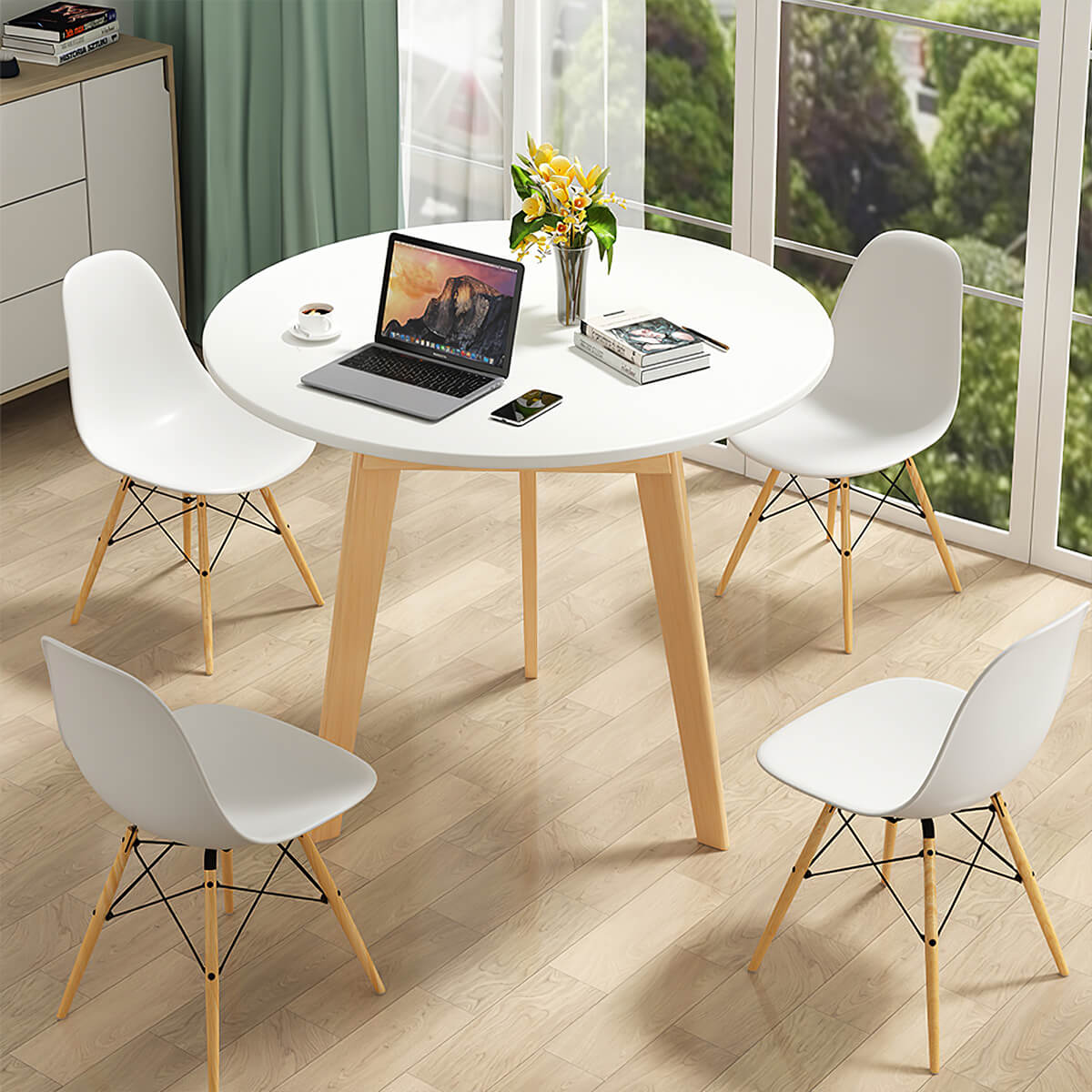 Round coffee table front view with solid wood frame