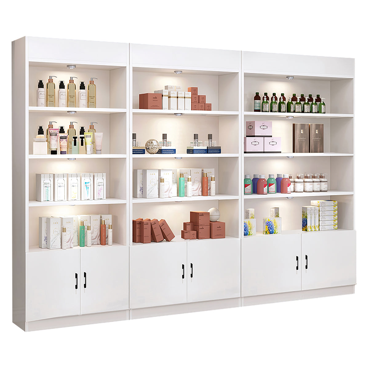 Salon Display Cabinet, Set Style A, Modern White Beauty Salon Display Cabinet With LED Lights finish, L94" x W9" x H79", for office storage space,...
