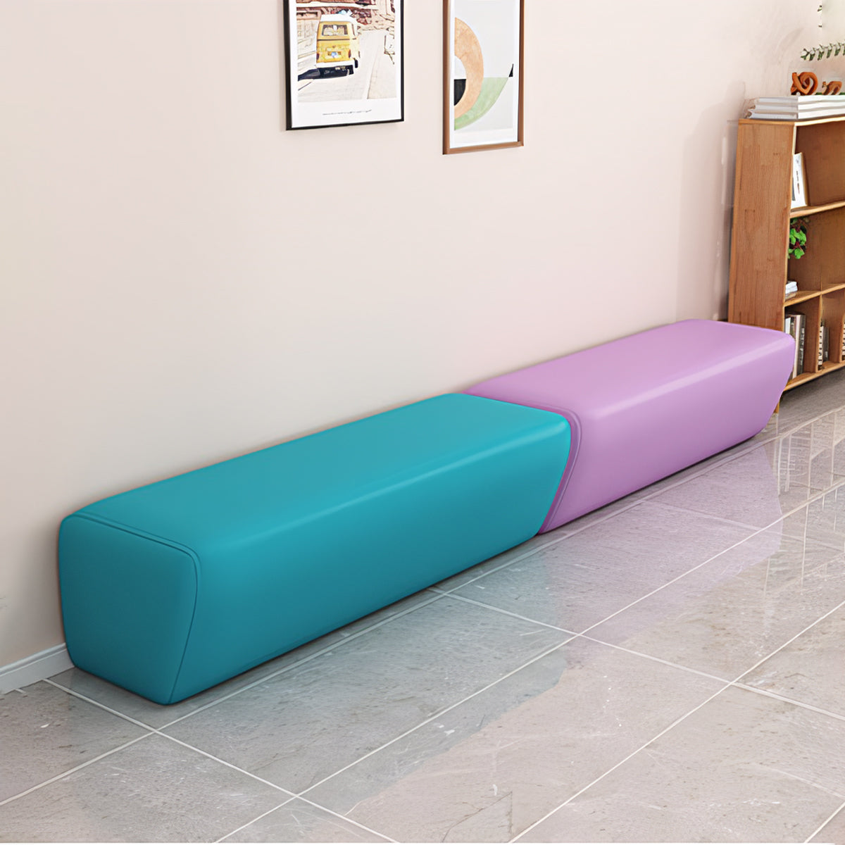 Sofa, office room scene, Creative Patchwork Design Long Leather Sofa finish, for lounge or waiting area, modern commercial office furniture