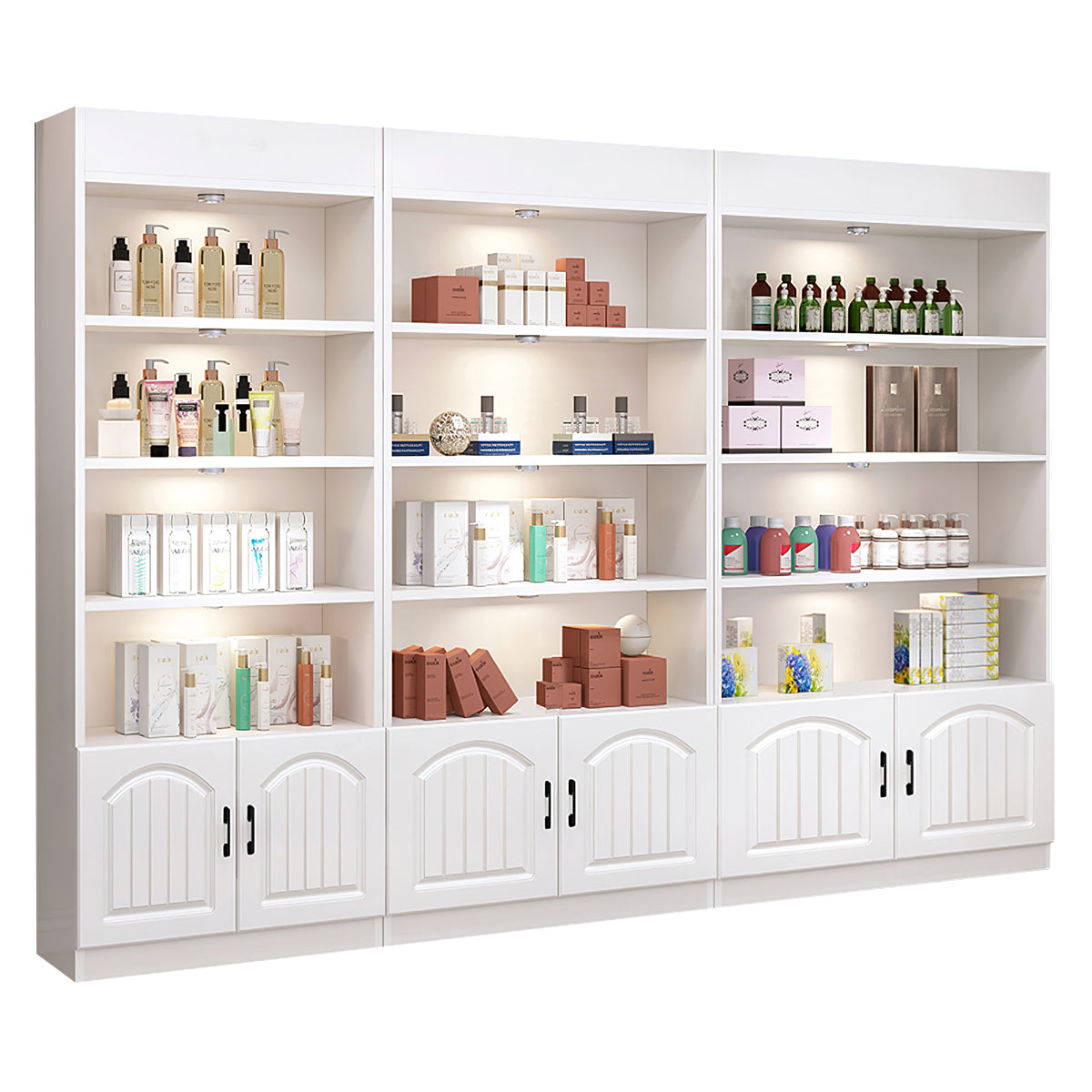 Salon Display Cabinet, Set Style B, Modern White Beauty Salon Display Cabinet With LED Lights finish, L94" x W9" x H79", for office storage space,...