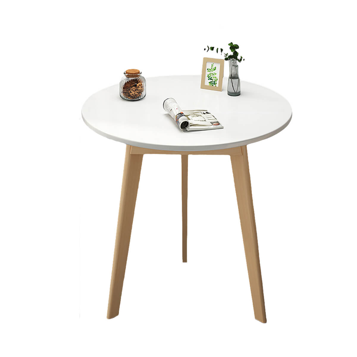 Round coffee table in white color option with solid wood frame