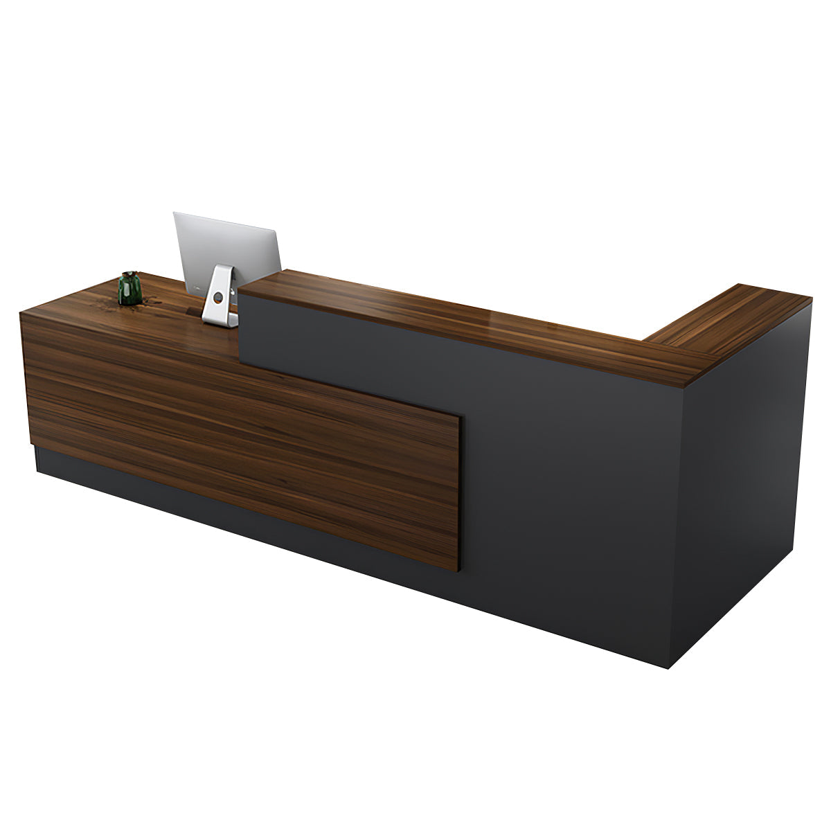 Reception Desk, Walnut + Gray Higher Left Side, Walnut + Gray finish, L63" x W39" x H41", for reception area or front office, commercial reception...