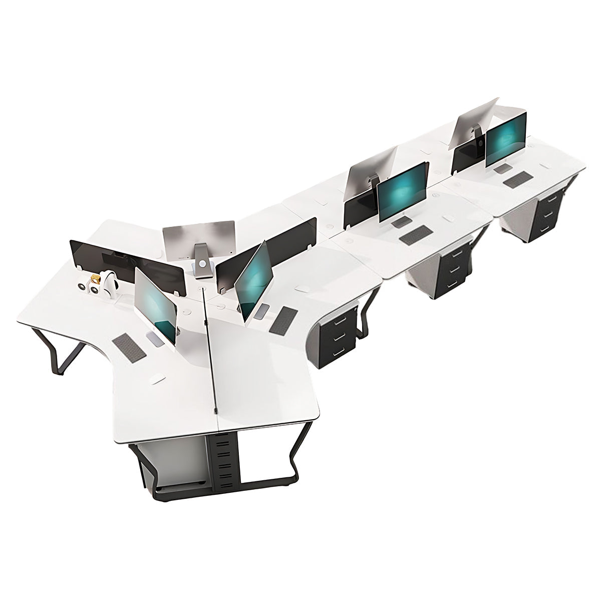 Office Workstation, Black + White + Black Legs 7-Seats + Cabinet, Black + White + Black Legs finish, L170" x W87" x H30", for office workspace,...