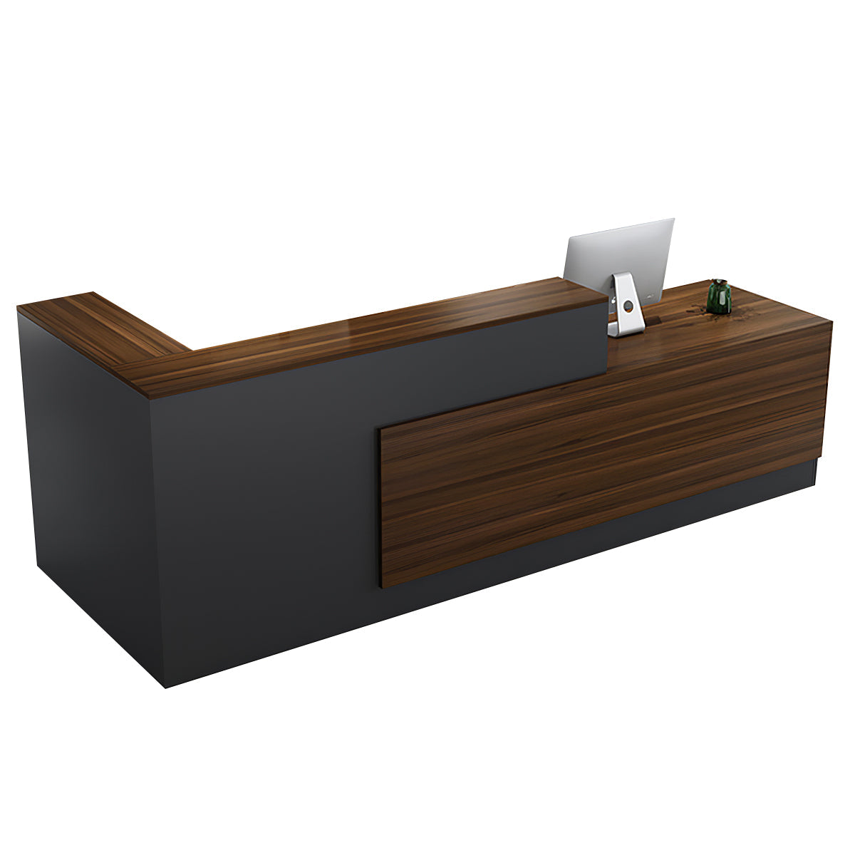 Reception Desk, Walnut + Gray Higher Right Side, Walnut + Gray finish, L63" x W39" x H41", for reception area or front office, commercial reception...