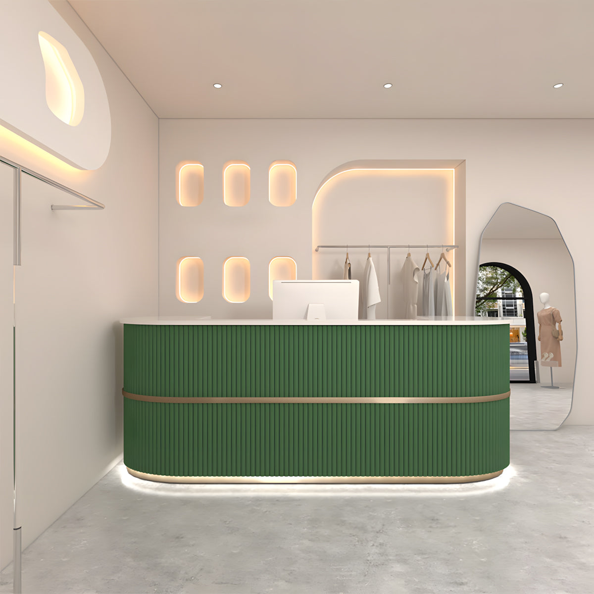 Stylish Semi-Circular Curved Reception Desk for Salon and Clothing Store
